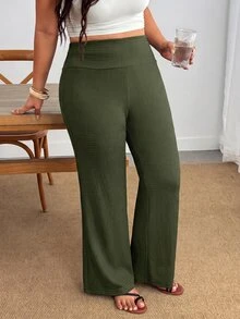 Enliva Plus Size Women's Solid Color Casual Versatile Everyday Long Pants - Army Green - View 4