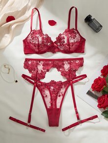 Spicy Aura 女款性感內衣藍色4件套 - 酒紅色 - 查看 3