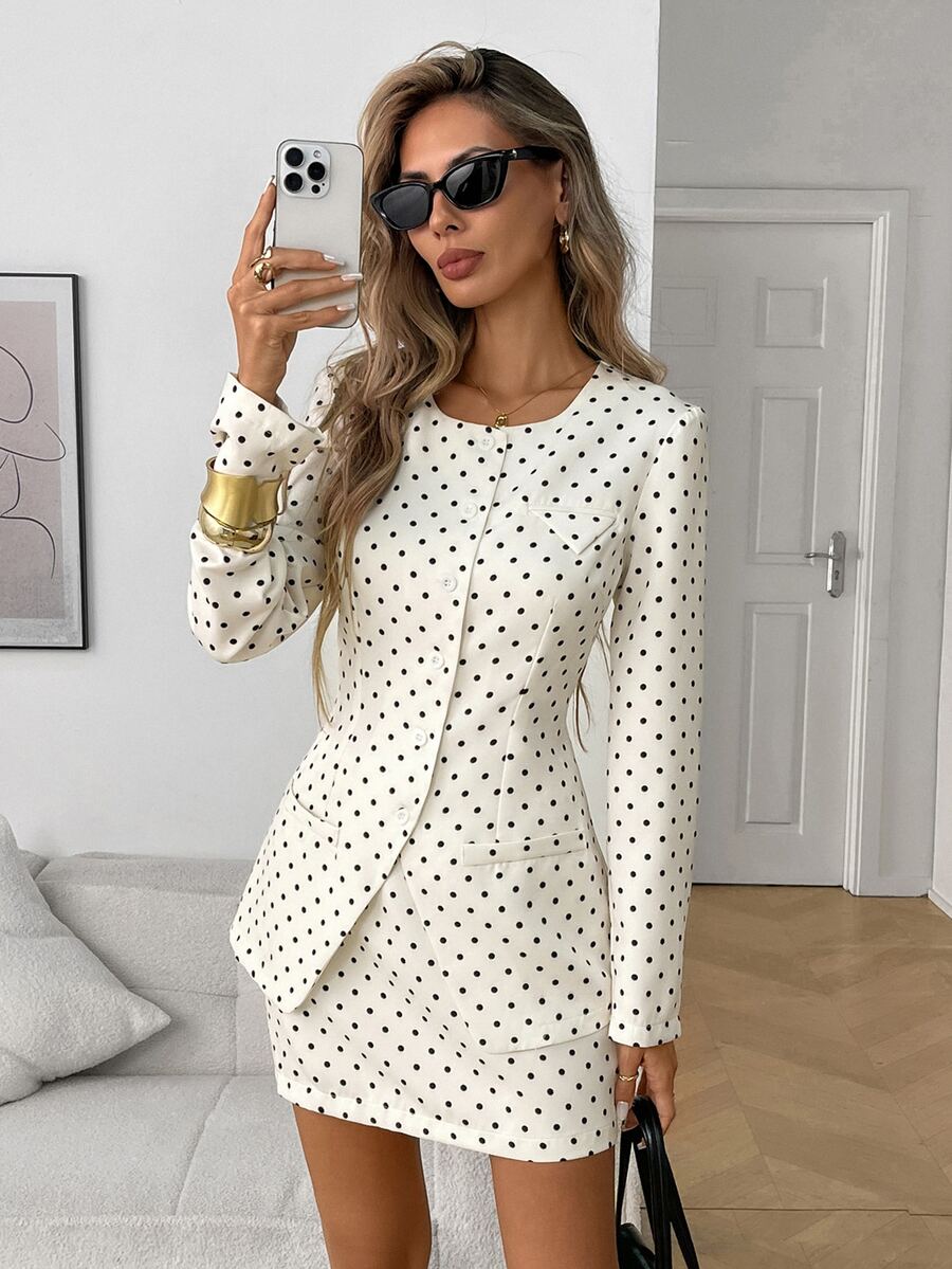 Elyressa Women's Woven Dotted Pattern Elegant Autumn Two Pieces Set - Apricot - View 1