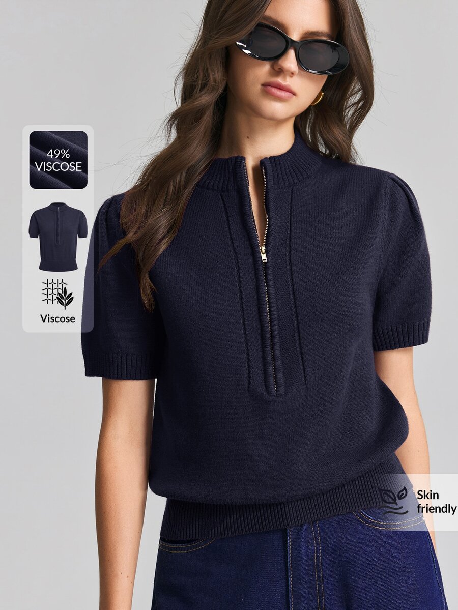 Ontre Women's Minimalist Versatile Zipper Short Sleeve Knit Top - Navy Blue - View 1