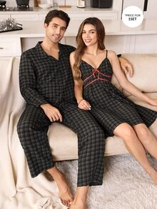 CoupledUp طقم ملابس منزلية رجالي مريح فضفاض بطبعة مربعات، كارديجان بأكمام طويلة مع بنطال - الأسود - مشاهدة 7