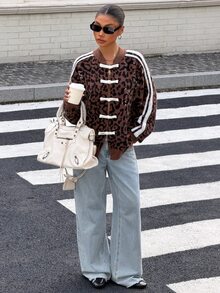 Muchica Women's Leopard Jacquard Knit Cardigan With White Frog Button Closures Oversized Long Sleeve Open Front Sweater Casual Y2K Streetwear For Going Out - Multicolor - View 4