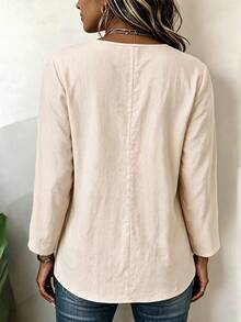 Linhara CURVE Plus Size Women's Solid Color Cotton Shirt, Notch V-Neck Button Decor Long Sleeve Autumn Blouse Fall - Khaki - View 2