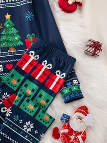 SHEIN 青少年男孩 2件組秋冬彈性貼身長袖睡衣褲，修身印花聖誕雪人沙灘電音風海軍藍寬鬆款 - 藏蓝色 - 查看 5