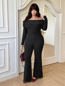 GalTyme Plus Size Casual Home Style Minimalist Off-Shoulder Ribbed Knit 2-Piece Set Fall - Black - View 3