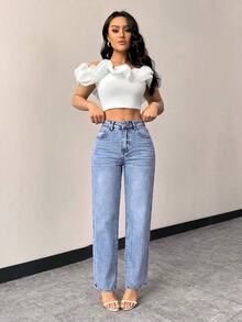 SHEIN EZwear 女款休閒百搭修身直筒牛仔褲，附口袋 - 藍色 - 查看 5