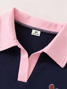 SHEIN 女童學院風 Polo 領兩件套，海軍藍撞色翻領 V 領長袖上衣 + 高腰寬腿褲，經典臘腸狗卡通圖案印花休閒套裝，寬鬆舒適，春夏秋冬百搭運動風，適合日常上學與外出 - 藏蓝色 - 查看 3