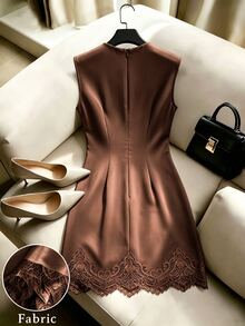 Muvela Women's  Elegant Lace Patchwork Sleeveless Short Dress,Fall/Winter  Elegant Formal  Business Chic  Back To School   Homecoming  New Year   Party - Brown - View 2