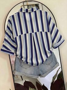 SHEIN Franclia 女款韓系街頭風單排釦條紋襯衫 - 藍色 - 查看 2