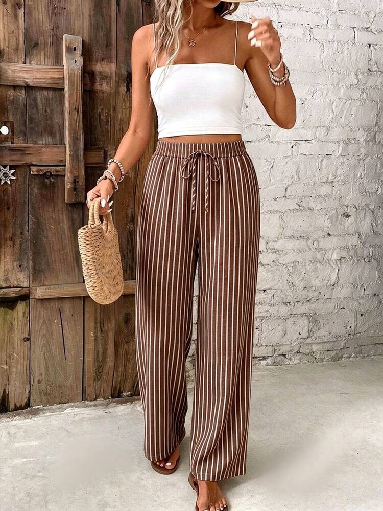 Lounesse Brown Striped Plus Size Women's Waist Tie Straight Leg Pants Fall - Coffee Brown - View 1