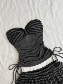 Attitoon Women's Patchwork Striped Knot Design Bandeau Top And Tiered Skorts Set - Grey - View 4