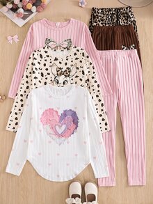 SHEIN Tween Girl 3 Pieces Knit Fuzzy Ribbed Sweatshirt & Pants Set, Heart Rabbit Leopard Print Ribbed Pattern With Leggings, Casual Fashion Simple Comfortable, Suitable For Indoor And Outdoor, Back To School - Multicolor - View 3
