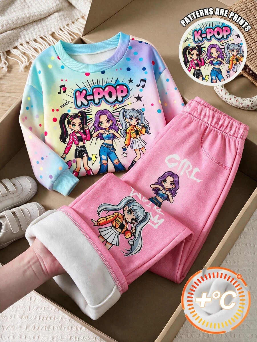 2件組女孩漸層色塊毛絨衛衣與寬腿褲,身上印有K-POP漫畫圖案,柔軟親膚面料,搭配同圖案粉色寬腿褲,寬鬆舒適,街頭風,適合日常穿著與外出 - 彩色 - 查看 1