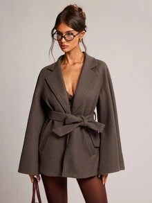 SHEIN BAE معطف نسائي أنيق بأكمام كيب، خريف/شتاء - قهوة بني - مشاهدة 6