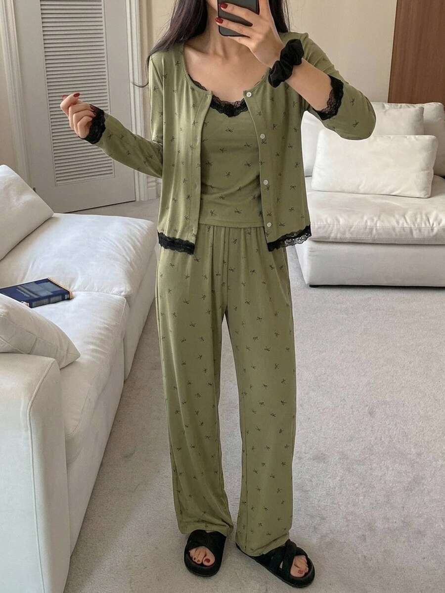DAZY Spring 3-Piece Women's Pajama Set With Bow Pattern, All-Over Print, Colorblock Lace Patchwork Camisole, Cardigan And Sleep Pants - Green - View 1