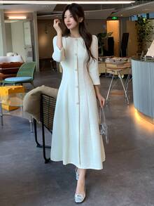 DAZY Women's Round Neck Tie-Front Elegant Long Dress Fall - White - View 6