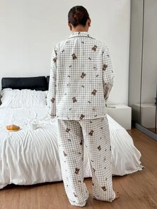 Napfluff CURVE Napfluff CURVE Bubble Crepe Plaid Star & Bear Print Lapel Cardigan Long Sleeve Pants Plus Size Pajama Set - Multicolor - View 2