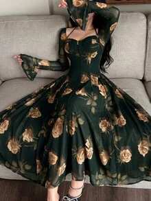 Feyla Women's Elegant Floral Print Waist-Cinching Long Dress - Army Green - View 6