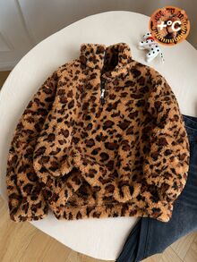 SHEIN 青少年女孩秋季服飾 美式復古豹紋半拉鍊抓絨衛衣 寬鬆慵懶立領套頭上衣 - 棕色 - 查看 4