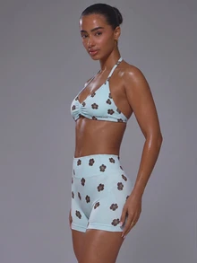 Musera Sport Tropical Flower Print Scoop Halterneck Ruched Bust Sports Bra With High Rise Fitted Active Mini Short Coord Sold As Set Active Sports Pilates Running - Blue - View 4