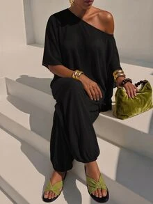 Zivah Women's Summer Solid Color Asymmetrical Shoulder Asymmetrical Hem Top And Jogger Pants Casual Set - Black - View 10