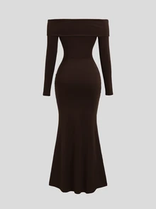 Sweetra Women's Slim Fit Long Sleeve Collared Metal Button Long Dress, Elegant Sexy Style Dinner Party Dark Brown Fall - Dark Brown - View 2