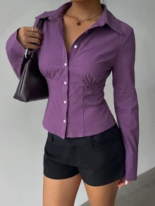Aloruh 女款秋冬新款優雅春夏通勤日常簡約百搭旅行辦公純紫色短袖收腰百褶長袖襯衫 - 紫色 - 查看 5