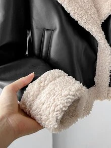 SHEIN 青少年女孩秋冬款 PU 人造毛一體長毛保暖夾克，加厚保暖內裡時尚街頭風寬鬆外套，黑色 - 黑色 - 查看 4