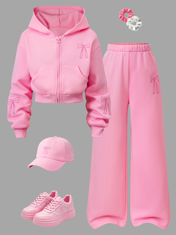 SHEIN Tween Girl Pink Set, Bow Embroidery Zipper Hoodie Jacket Paired With Matching Wide Leg Sweatpants, Soft Fleece Fabric, Youthful And Energetic, Suitable For Back To School, Daily Outings, Outdoor Trips, Friends Gatherings, Fits Spring, Autumn And Winter