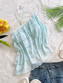 Soleia Plus Size Women's Solid Color Multi-Layer Ruffle Fashion Top - Baby Blue - View 7