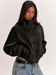 SHEIN BAE Women's Solid Color Drop Shoulder Long Sleeve Frog Button Design Zipper Front Jacket - Black - View 1
