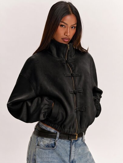 SHEIN BAE Chaqueta de mujer de unicolor con hombros caídos, manga larga, diseño de botones de rana y cremallera delantera