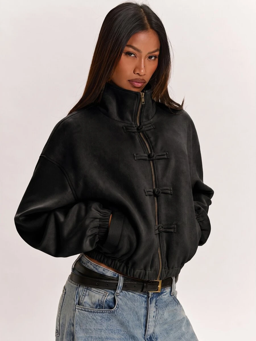 SHEIN BAE Women's Solid Color Drop Shoulder Long Sleeve Frog Button Design Zipper Front Jacket - Black - View 1