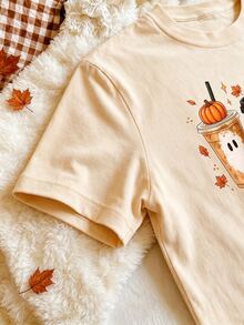 Manfinity Dauomo Men Plus Size Autumn Coffee Pumpkin Ghost Print Short Sleeve T-Shirt, Sweet Light Halloween Style, Suitable For Daily Commute, Autumn Outings And Halloween, Creating A Gentle And Healing Autumn Look, Suitable For Wearing Alone Or As An Inner Layer, Wearable In Spring, Summer And Autumn - Khaki - View 4
