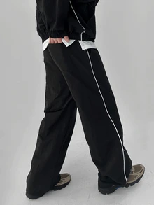 DAZY Spring/Autumn Black & White Drawstring Design Regular Fit Zipper Hem & Cuffs Elastic Waist Pants Men's Jacket Set - Black - View 2