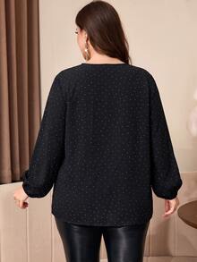 Reflora Plus Size Women's V-Neck Polka Dot Casual Versatile Daily Wear Blouse - Black - View 2