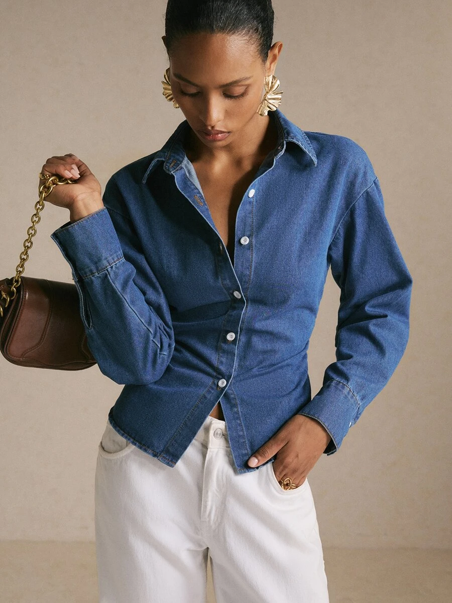 Poéselle Women's Fashion Single-Breasted Cinched Waist Long Sleeve Denim Top - Medium Wash - View 1