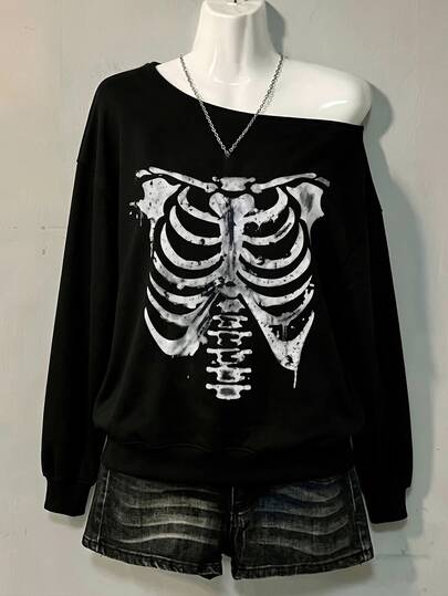 SHEIN LUNE Women's Autumn/Winter Casual Asymmetrical Collar Dark Skeleton Bone Print Long Sleeve Loose Fleece Lined Sweatshirt, Women's Sweatshirt, Women's Black Sweatshirt, Suitable For Outings, Halloween, Punk Style Outfit