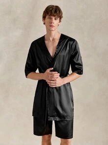 EverLounge Men's Solid Color Short Sleeve Hooded Robe - Black - View 5