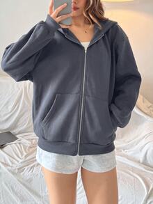 青少年女孩灰色前開襟連帽寬鬆休閒運動衫，簡約設計，適合居家與運動 - 灰色 - 查看 3