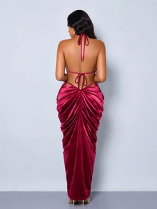 SOLERSUN Women's Halter Neck Ruched Velvet Draped Slim Fit Evening Dress With Waist Cutout And Back Tie Design - Red - View 3
