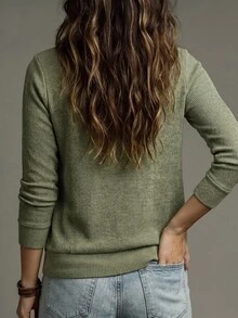 SHEIN LUNE Women's 2-In-1 Fake Two Pieces Ribbed Knit Sweatshirt, Square Neck Long Sleeve Casual Pullover Top - Army Green - View 2