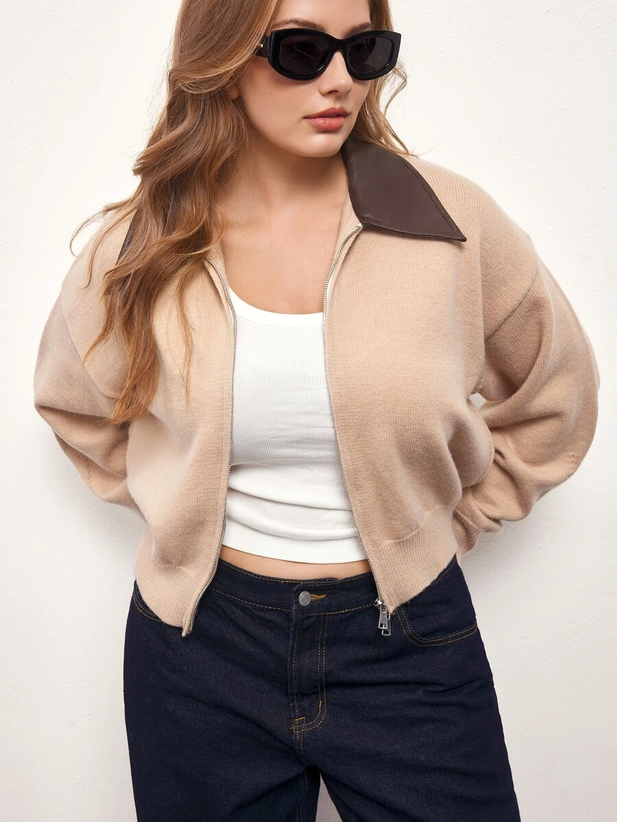 Maija Plus Size Minimalist Street Style Zipper Long Sleeve Knit Cardigan - Brown - View 1
