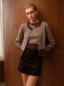 MOTF PREMIUM WOMEN'S PLAID SWEATER VEST AND CARDIGAN 2 PIECES SET - Coffee Brown - View 7