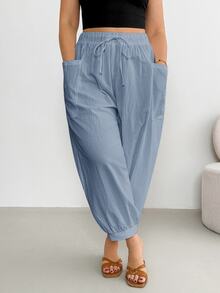 Shapeblank Plus Size Casual Solid Color Double Pocket Pants For Vacation - Dusty Blue - View 3