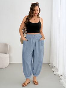 Shapeblank Plus Size Casual Solid Color Double Pocket Pants For Vacation - Dusty Blue - View 6