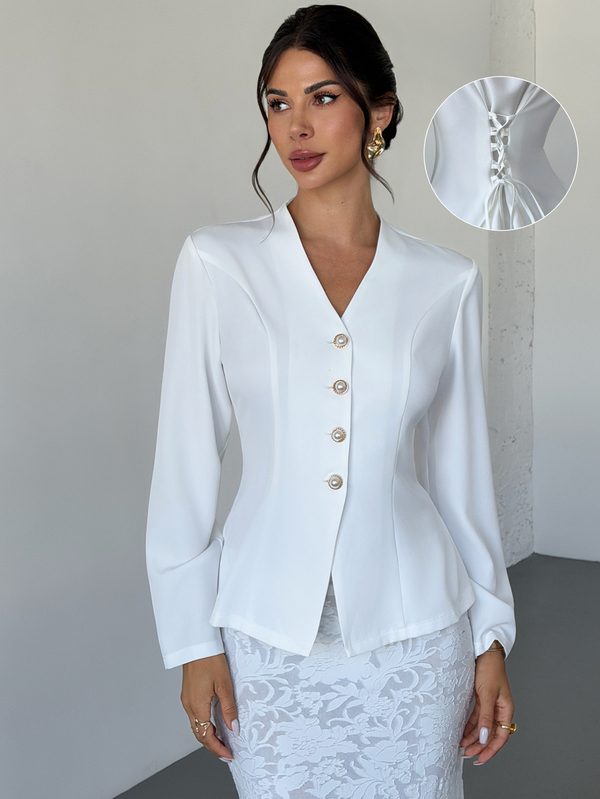 Firerie Women's Autumn/Winter Elegant Commute Daily Casual Fashion Business Waist-Cinching Tie-Up Metal Buckle X-Shaped Blazer Jacket / Women's Autumn Clothing Jacket Minimalist Commute Office Wear V-Neck Long Sleeve White Blazer