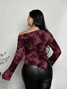 Firerie Plus Size Women's Tie-Dye Long Sleeve Asymmetrical Hem Fashion T-Shirt Fall - Multicolor - View 2