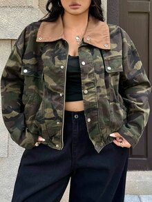 Rivivi Plus Size Women's Camouflage Lapel Casual Versatile Everyday Denim Jacket - Multicolor - View 3