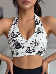 Livesso Floral Pattern Seamless Padded Backless Sports Bra For Women - Black and White - View 3